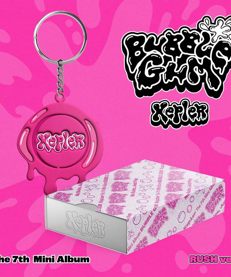 KEP1ER - The 7th Mini Album [BUBBLE GUM] (RUSH ver.) - album Kpop sur fond rose, visuels bubble gum et coffret.