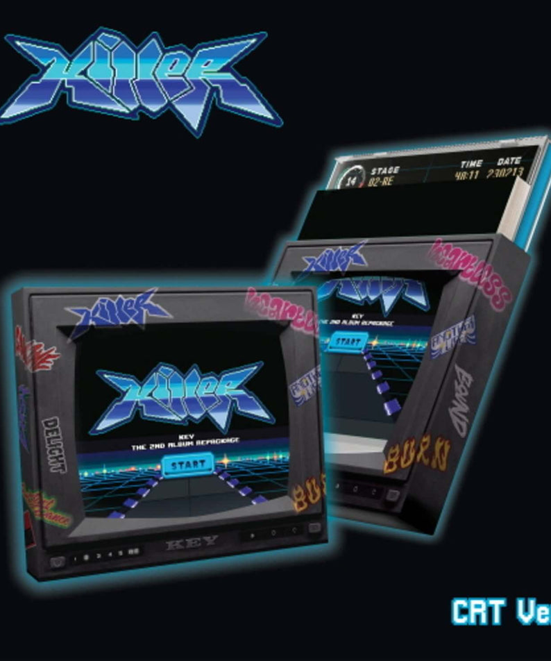 KEY - 2nd Album [Killer] (CRT Ver.) - Album Kpop : packaging CRT bleu/noir avec disques KEY, style néon sur fond sombre