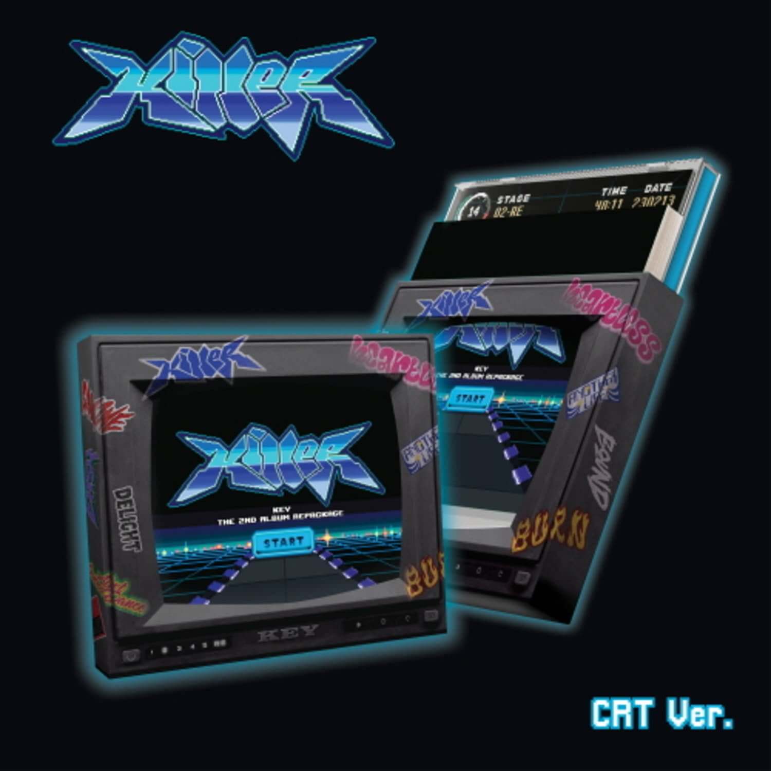 KEY - 2nd Album [Killer] (CRT Ver.) - Album Kpop : packaging CRT bleu/noir avec disques KEY, style néon sur fond sombre
