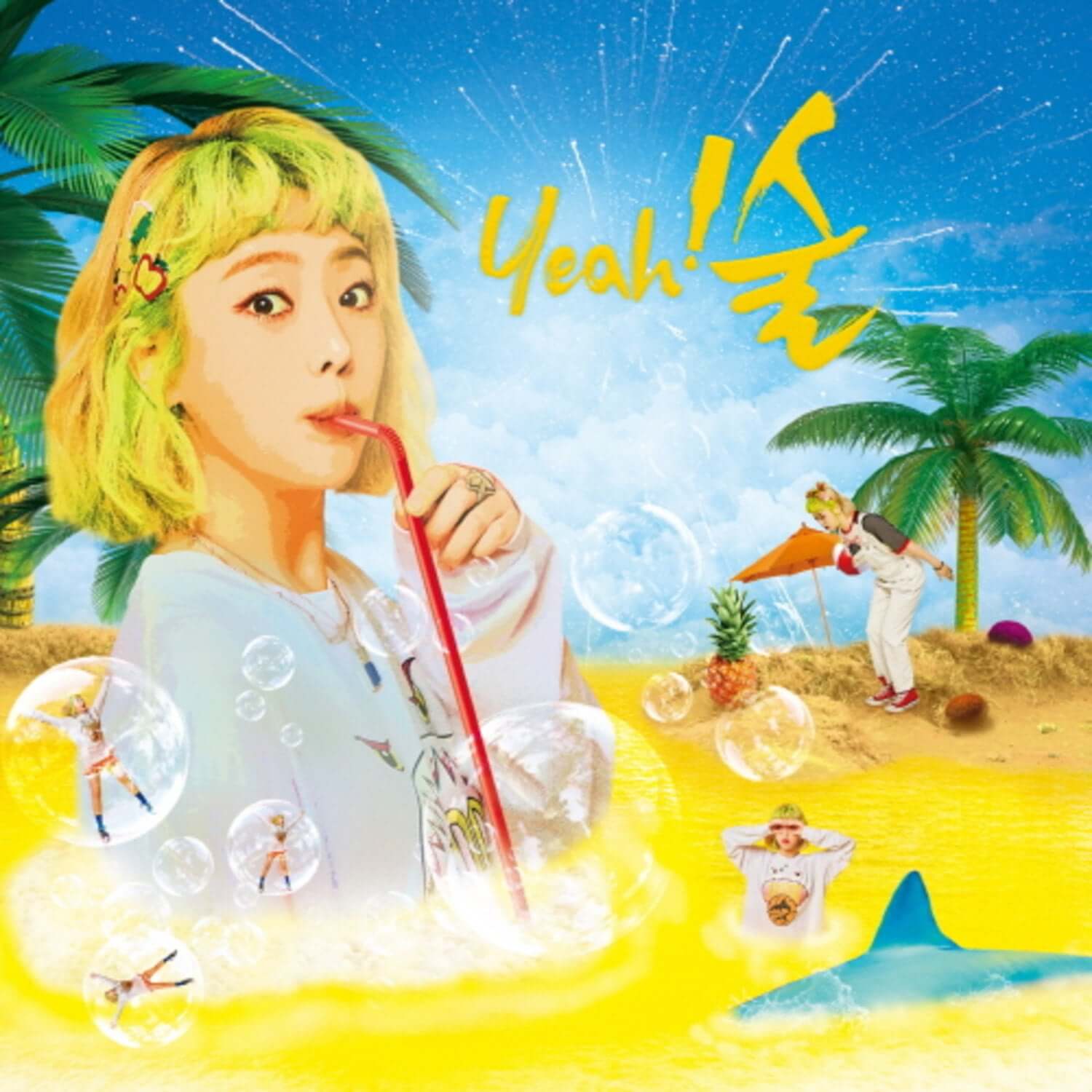 KEY - [yeah!] - Album Kpop KEY, visuel plage tropicale pop, bulles et personnage en premier plan, ambiance été