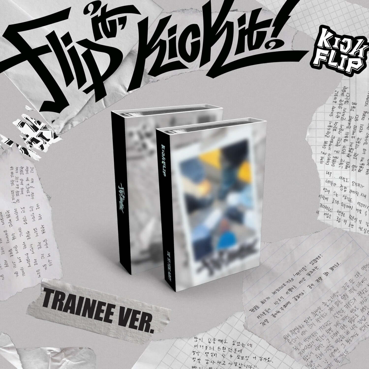 KICKFLIP - 1st Mini Album [Flip it, Kick it!] (Trainee ver.) - Album Kpop, jaquette et boîtiers sur fond écrit/graphiques