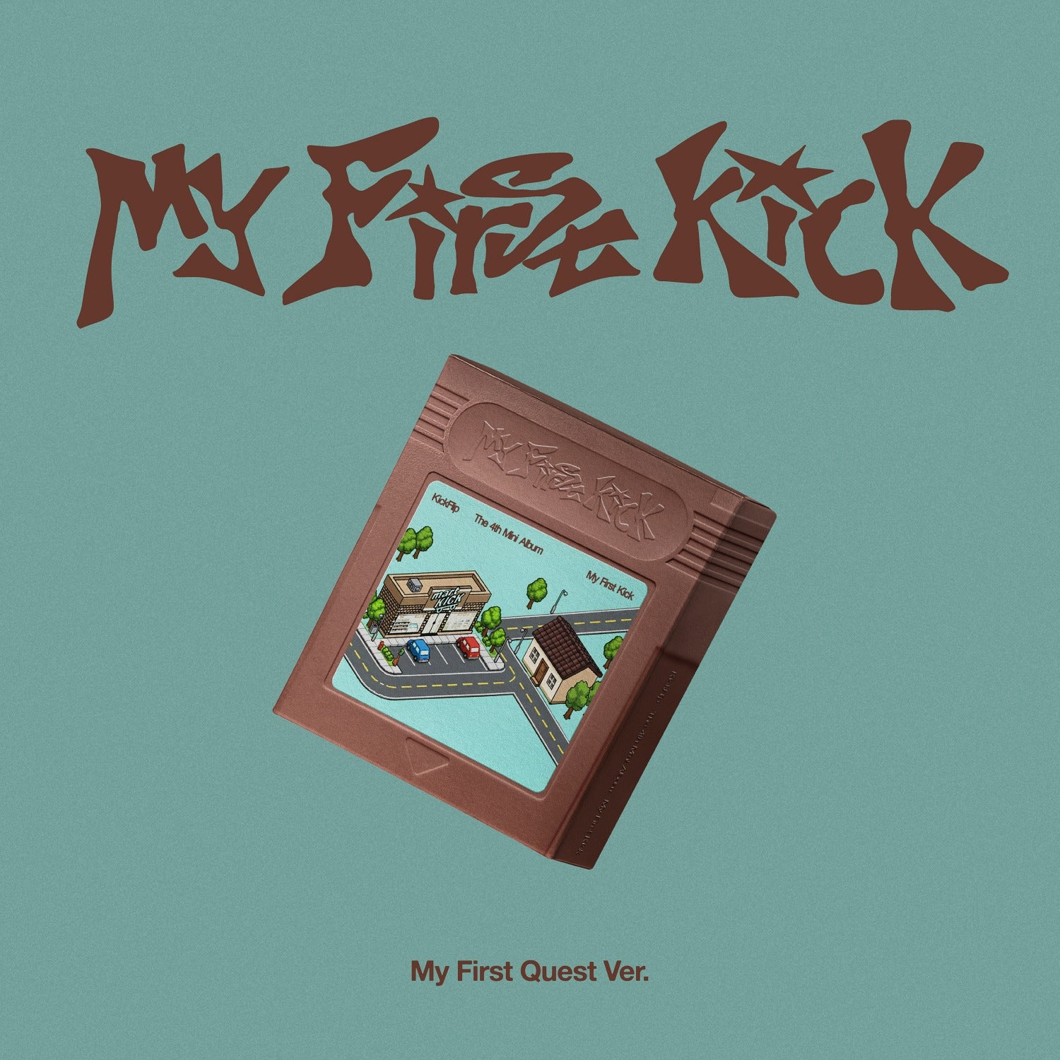 KICKFLIP - My First Kick (My First Quest Ver.) - Album Kpop : pochette brune sur fond bleu, branding KICKFLIP.