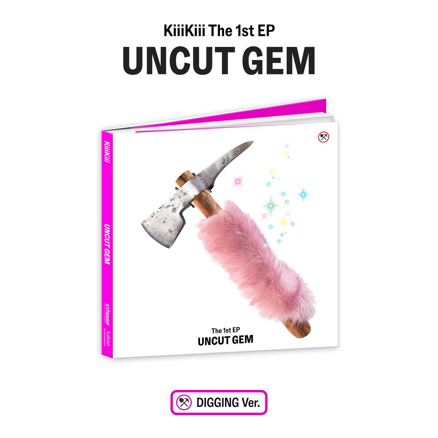 KIIIKIII - The 1st EP [UNCUT GEM] (DIGGING ver.) - Album Kpop : pochette blanche, rose, couteau et plume, design visuel