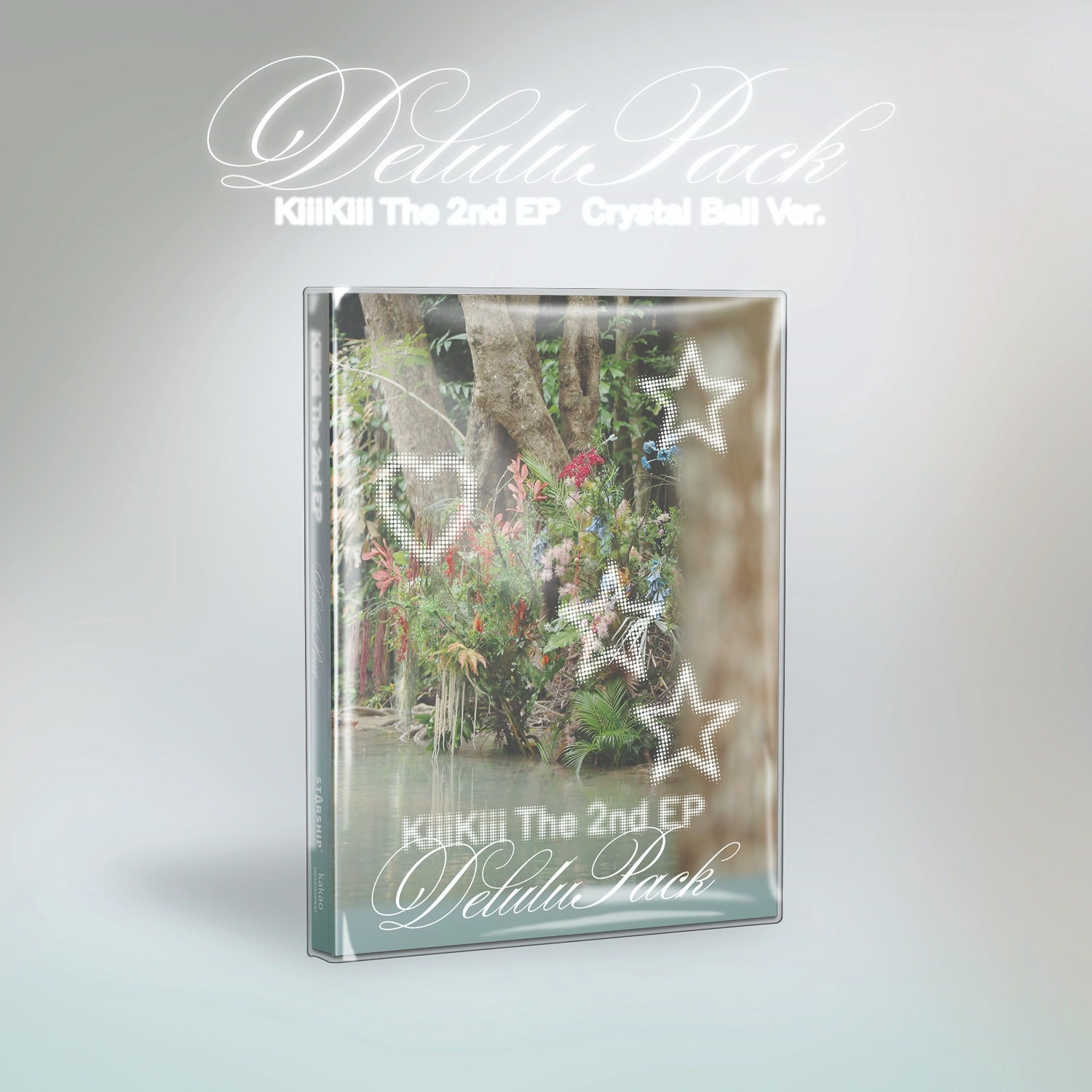 KIIIKIII - The 2nd EP [Delulu Pack] (Crystal Ball. Version) - album Kpop, visuel coffret avec ciel étoilé, marque KIIIKIII