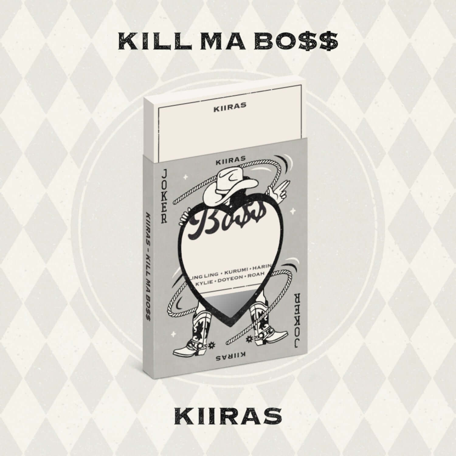 KIIRAS - 1st Album [KILL MA BO$$] (JOKER ver.) - Album Kpop : pochette blanche, packshot du disque sur fond géométrique.