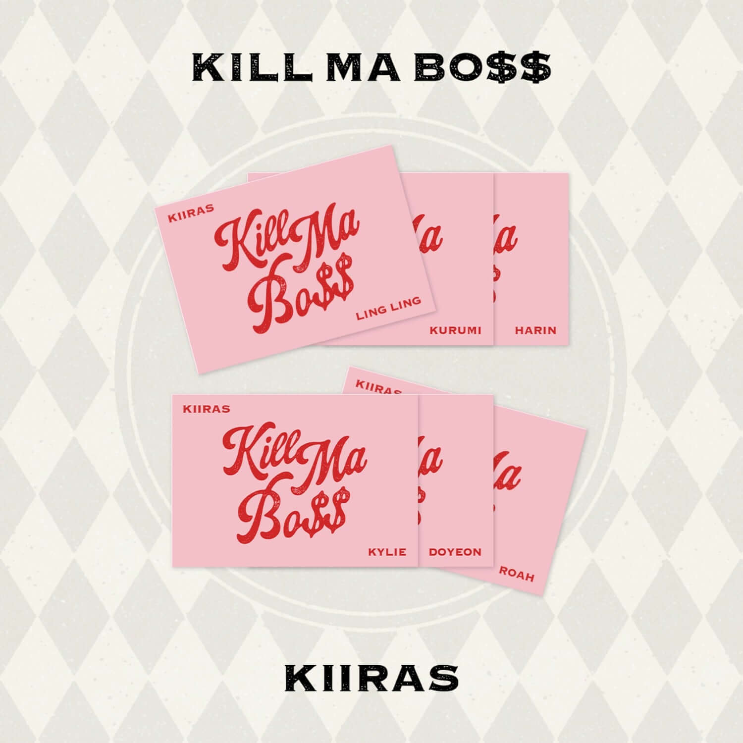 KIIRAS - 1st Album [KILL MA BO$$] (POCA) (Random 1 of 6) - Album Kpop, cover rose “Kill Ma Bo$$” sur fond losanges.
