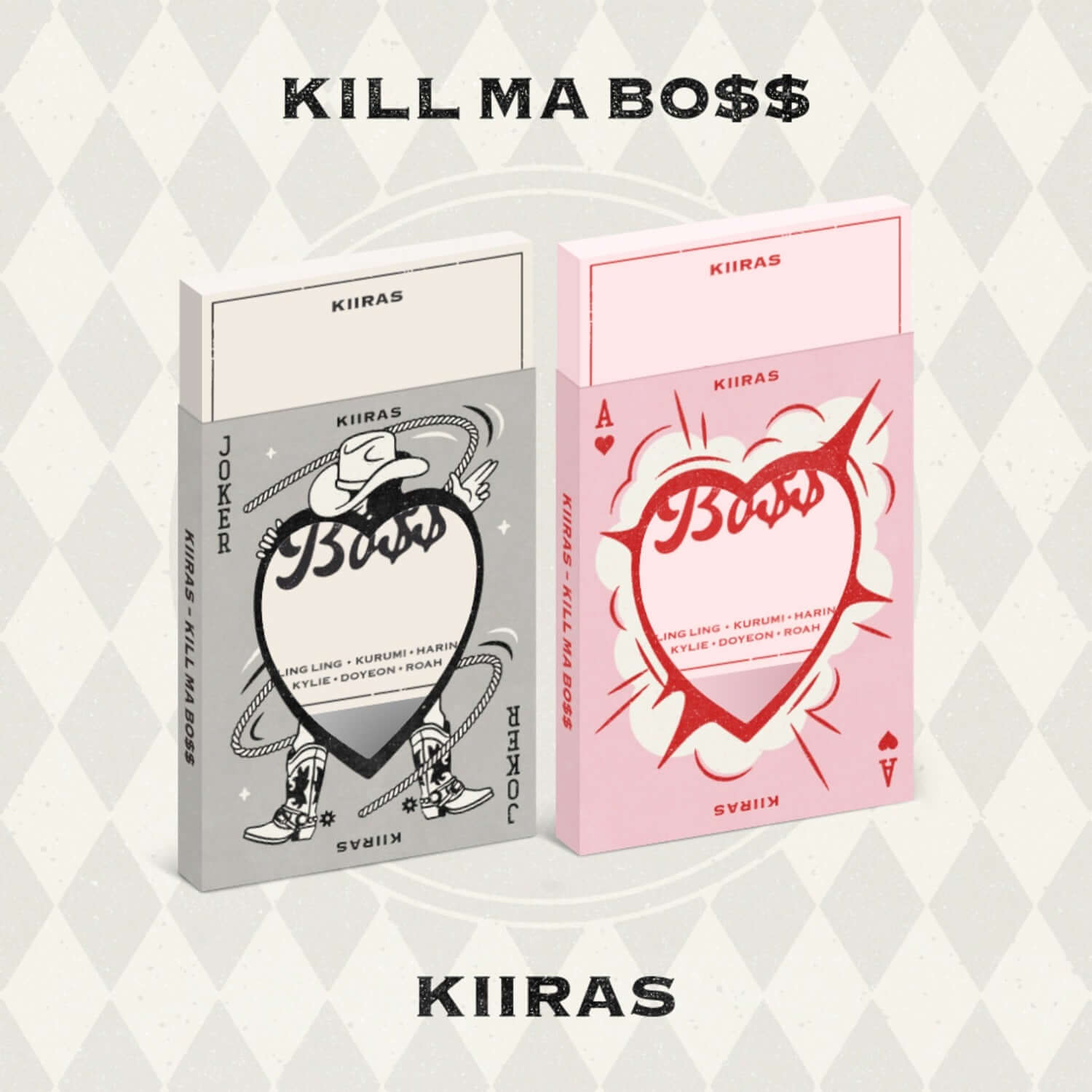 KIIRAS - 1st Album [KILL MA BO$$] (Set of 2) - Album Kpop, coffrets noir et rose, visuel graphique “Kill Ma Bo$$”