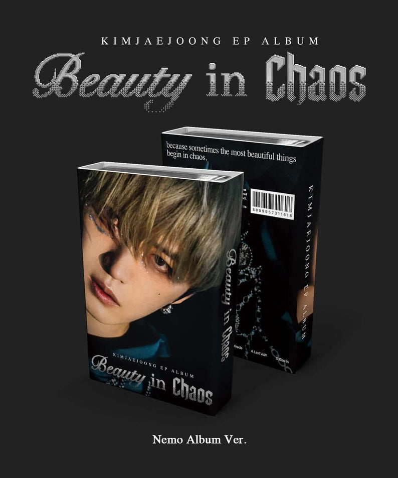 KIM JAEJOONG - [Beauty in Chaos] (Nemo Album Ver.) - Album Kpop : pochette avec boîte noire, portrait sur fond sombre.