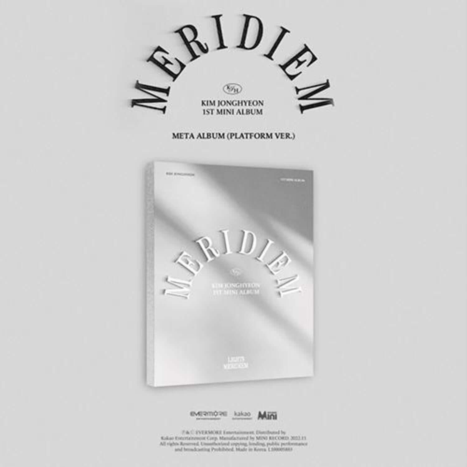 KIM JONGHYEON - 1st Album [MERIDIEM] (META) - Album Kpop : visuel couverture blanche avec logo MERIDIEM en relief.