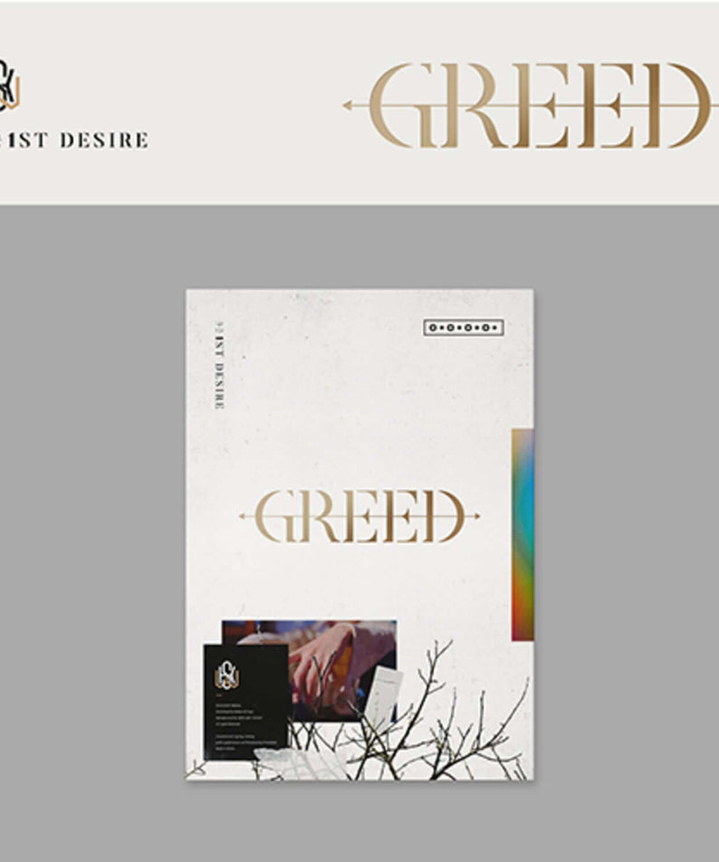 KIM WOOSEOK - 1ST DESIRE [GREED] (W VER.) - Album Kpop, jaquette officielle GREED, design blanc et or, fond minimal.