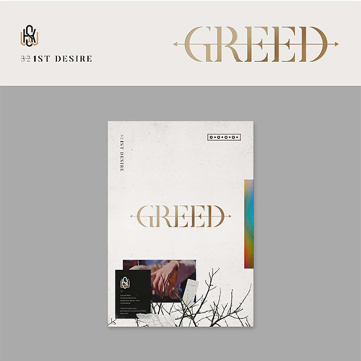 KIM WOOSEOK - 1ST DESIRE [GREED] (W VER.) - Album Kpop, jaquette officielle GREED, design blanc et or, fond minimal.