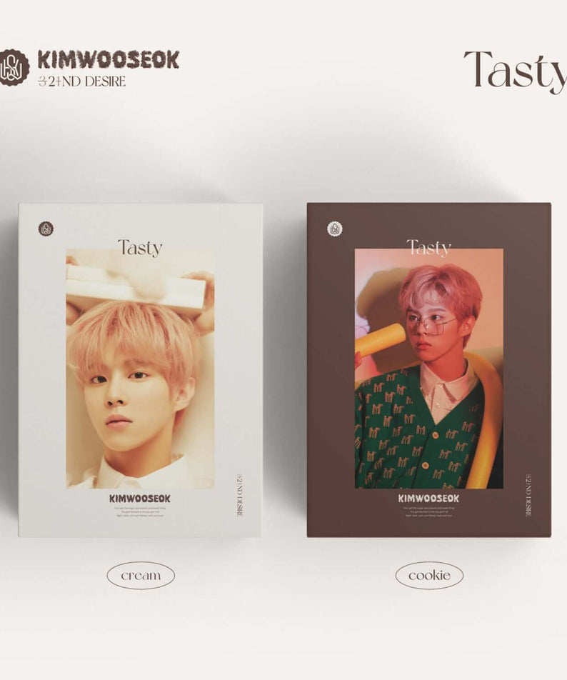 KIM WOOSEOK - 2ND DESIRE [TASTY] - Album Kpop, pochettes “Tasty” de Kim WOOSEOK, visuels crème et cookie sur fond clair