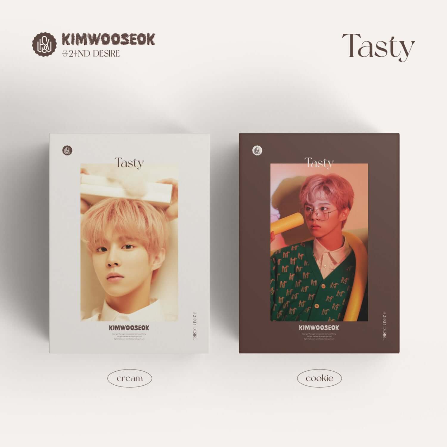KIM WOOSEOK - 2ND DESIRE [TASTY] - Album Kpop, pochettes “Tasty” de Kim WOOSEOK, visuels crème et cookie sur fond clair