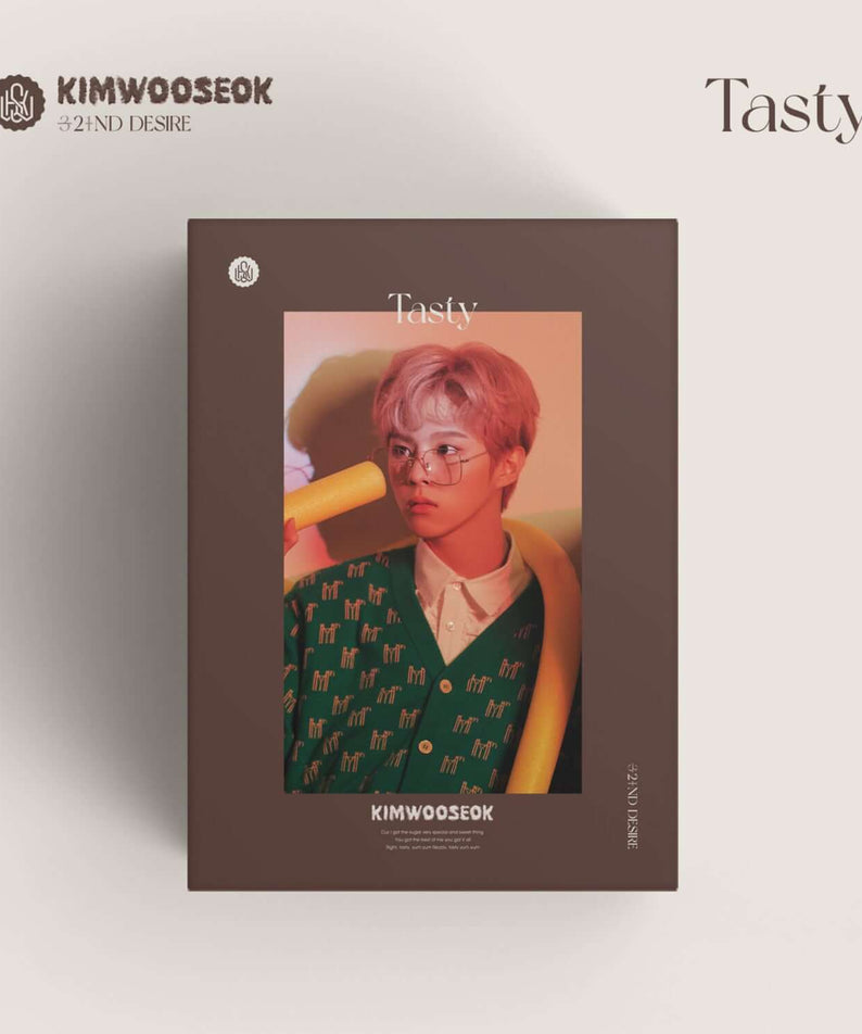 KIM WOOSEOK - 2ND DESIRE [TASTY] (cookie Ver.) - Album Kpop : pochette brun Tasty, portrait Kim WOOSEOK, style concept