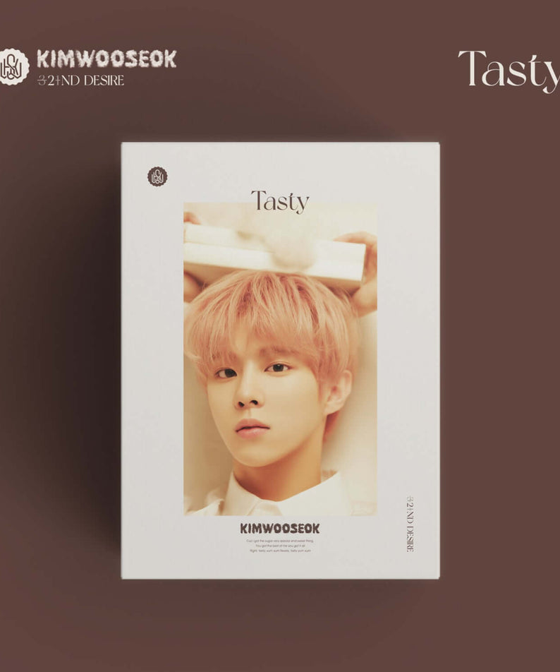 KIM WOOSEOK - 2ND DESIRE [TASTY] (cream Ver.) - Album Kpop, pochette crème « Tasty » sur fond brun
