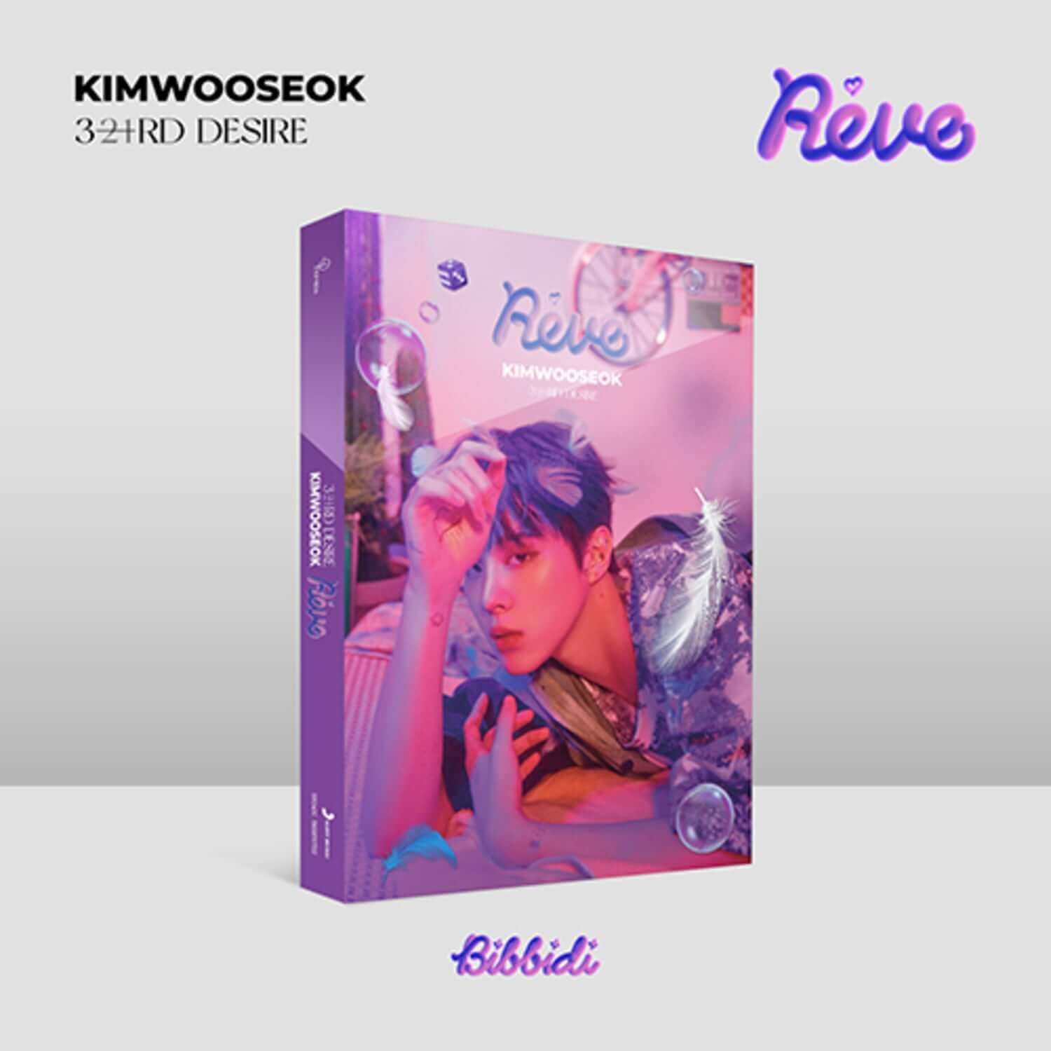 KIM WOOSEOK - 3RD DESIRE [Reve] Bibbidi ver. - Album Kpop, visuel couverture rose et violet du chanteur