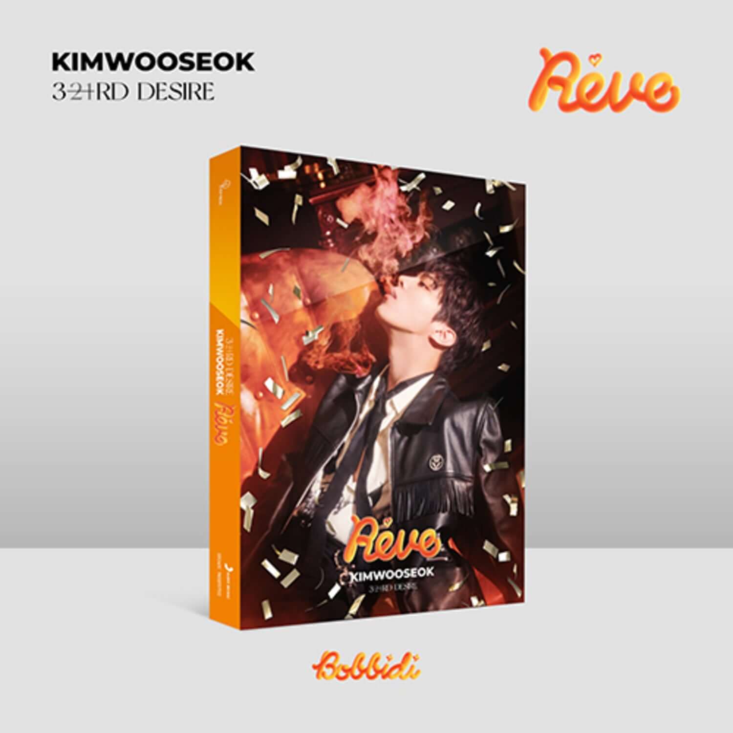 KIM WOOSEOK - 3RD DESIRE [Reve] Bobbidi ver. - Album Kpop, couverture visuelle avec confettis et logo Réve Bobbidi
