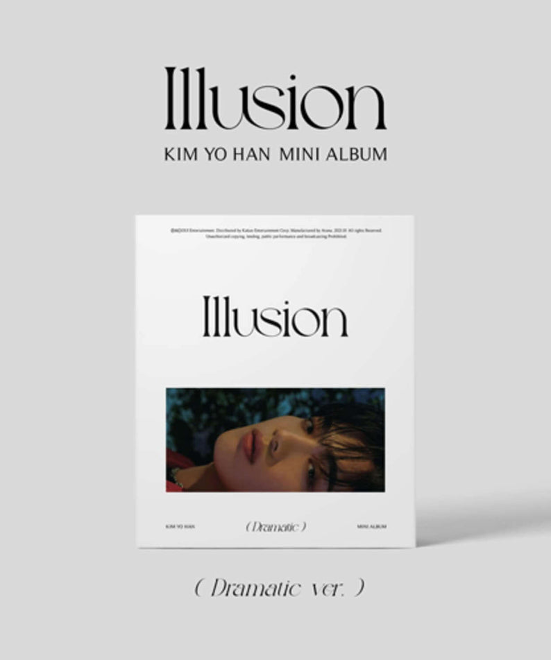KIM YOHAN - 1st Album [Illusion] (Dramatic ver.) - Album Kpop, couverture minimaliste “Illusion” sur fond clair.