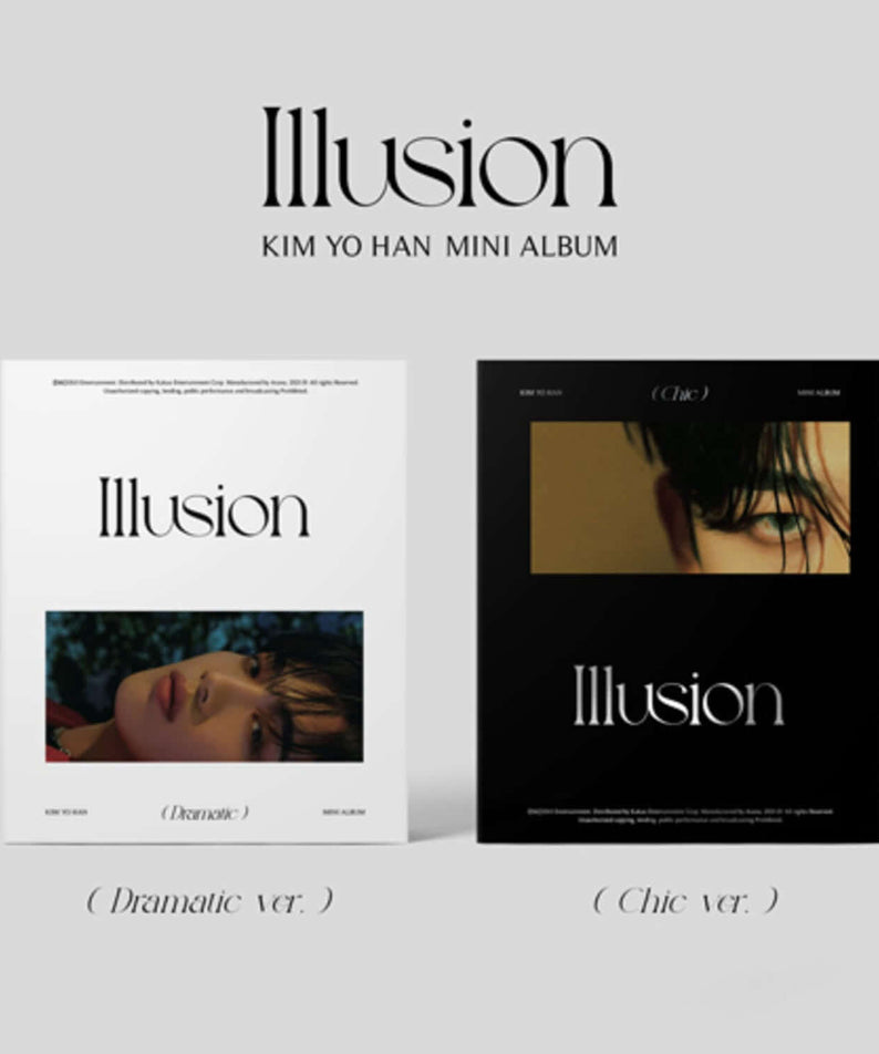KIM YOHAN - 1st Album [Illusion] (SET) - Album Kpop, coffret mini-albums blancs/noirs “Illusion” sur fond gris, marque KIM YOHAN