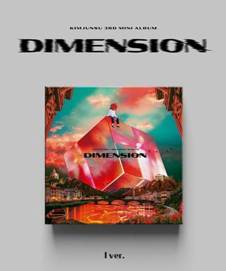 KIMJUNSU - 3rd Album [DIMENSION] I ver. - Album Kpop : pochette avec scène arc-en-ciel, titre DIMENSION, visuel central.
