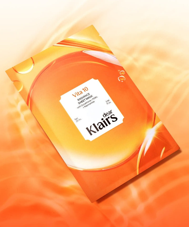 Masque KLAIRS Vitamin Vitality Sheet Mask 25ml 1sheet en vitamine C, hydratant intensif, fond orange vibrant.