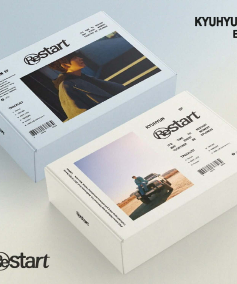 KYUHYUN - EP [Restart] (Random 1 of 2) - Album Kpop, boîte CD “Restart”, visuel studio sur fond bleu, brand KYUHYUN.