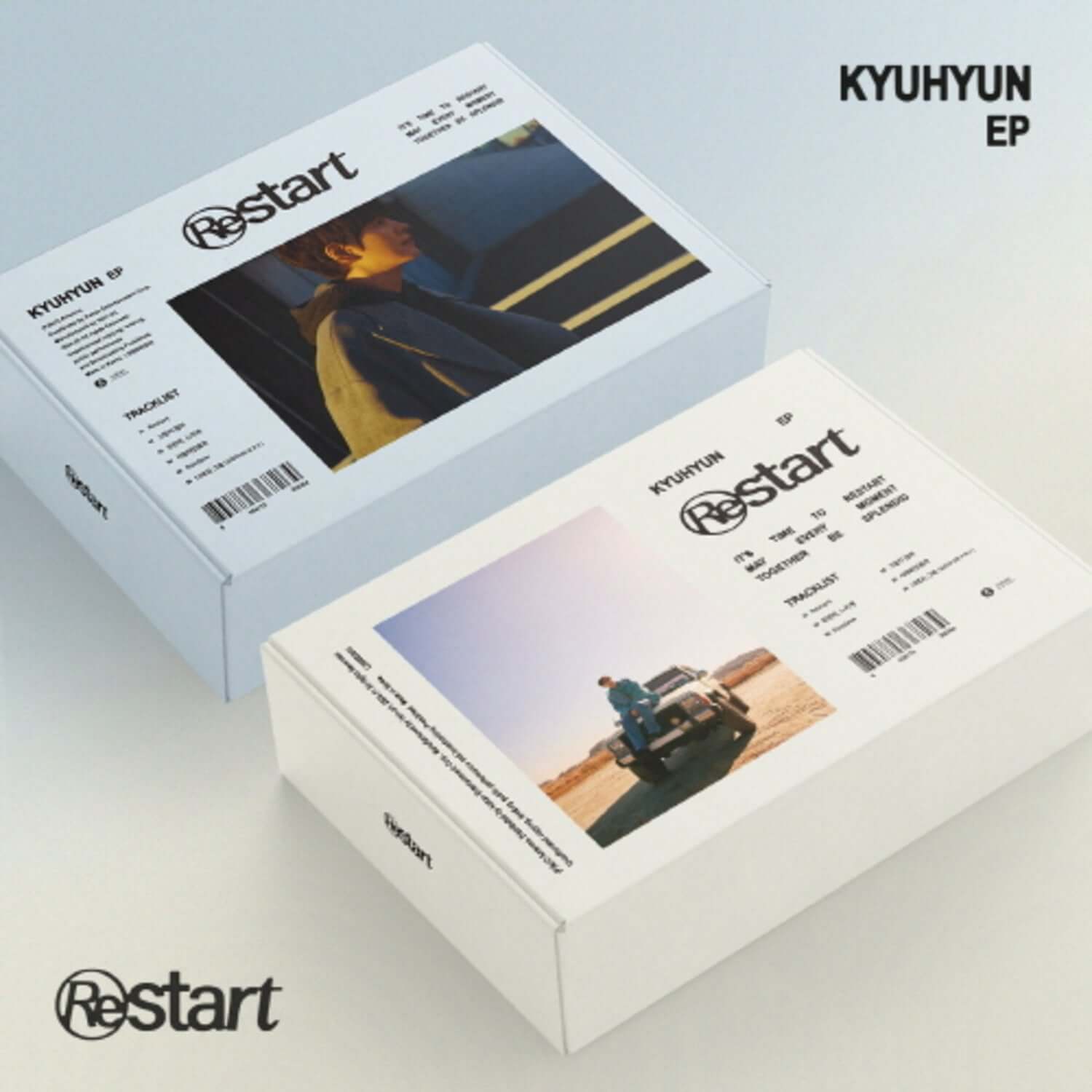 KYUHYUN - EP [Restart] (Random 1 of 2) - Album Kpop, boîte CD “Restart”, visuel studio sur fond bleu, brand KYUHYUN.