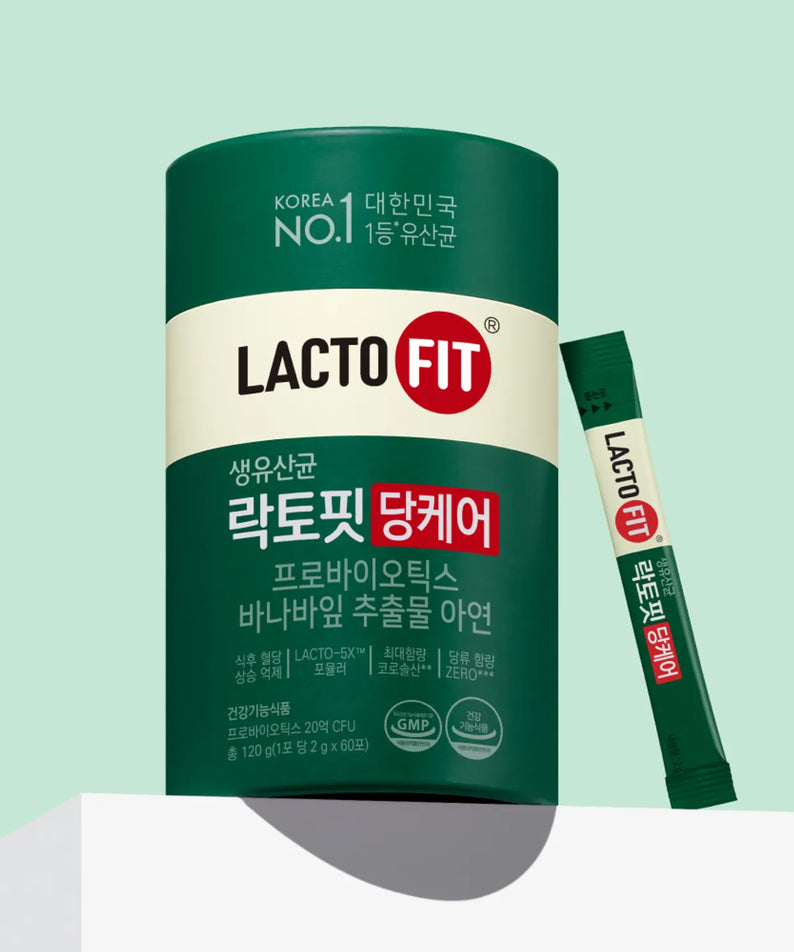LACTO-FIT Blood Sugar Care 60 Sticks, pack vert et stick à côté, photo produit de la marque LACTO-FIT sur fond clair.