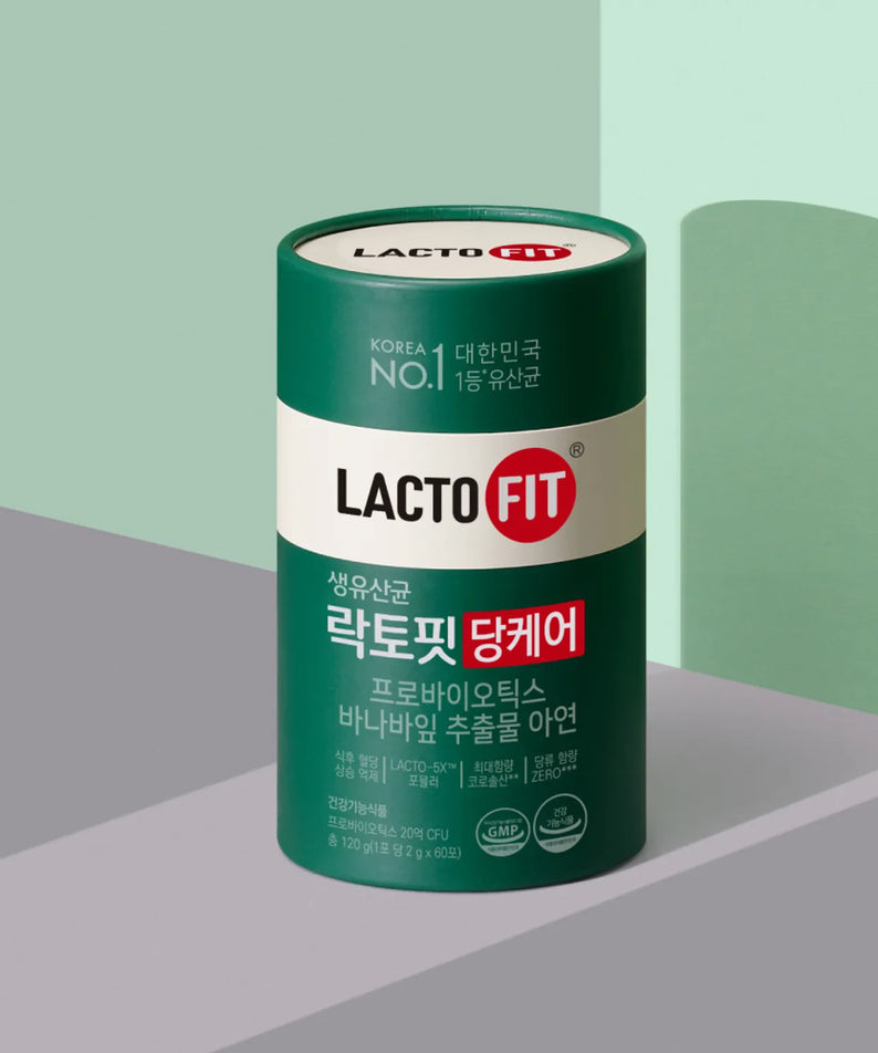 Décris l'image en français : LACTO-FIT Blood Sugar Care 60 Sticks, tube vert LACTO FIT sur fond moderne.