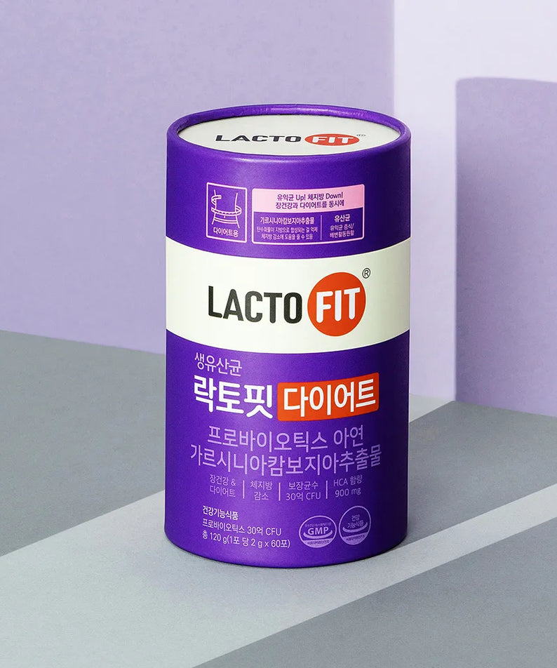 LACTO-FIT Diet 60 Sticks 1 Month Supply, boîtier LACTO-FIT violet sur fond clair, image produit en contexte visuel