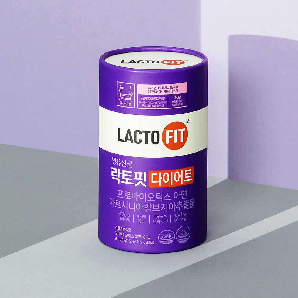 LACTO-FIT Diet 60 Sticks 1 Month Supply, boîtier LACTO-FIT violet sur fond clair, image produit en contexte visuel