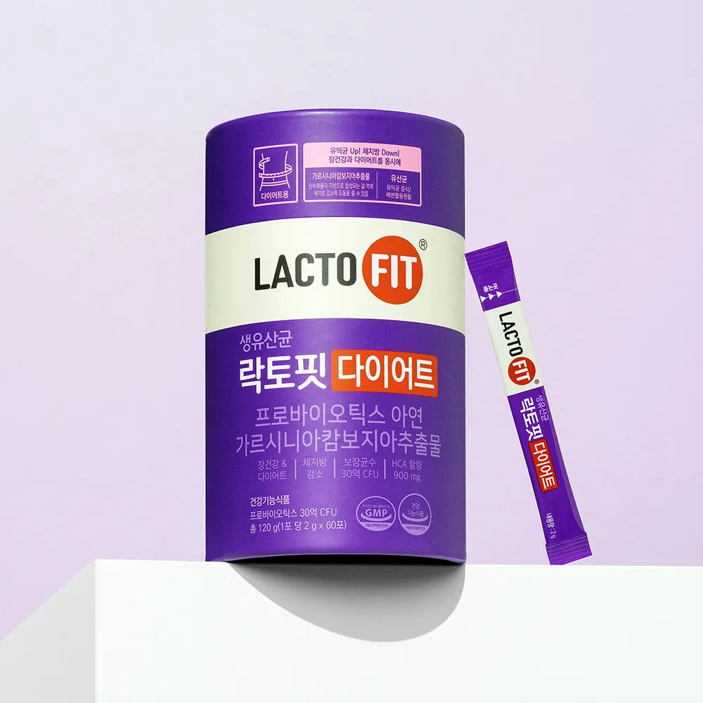 LACTO-FIT Diet 60 Sticks 1 Month Supply, marque LACTO FIT, packaging violet sur fond clair, sticks visibles.