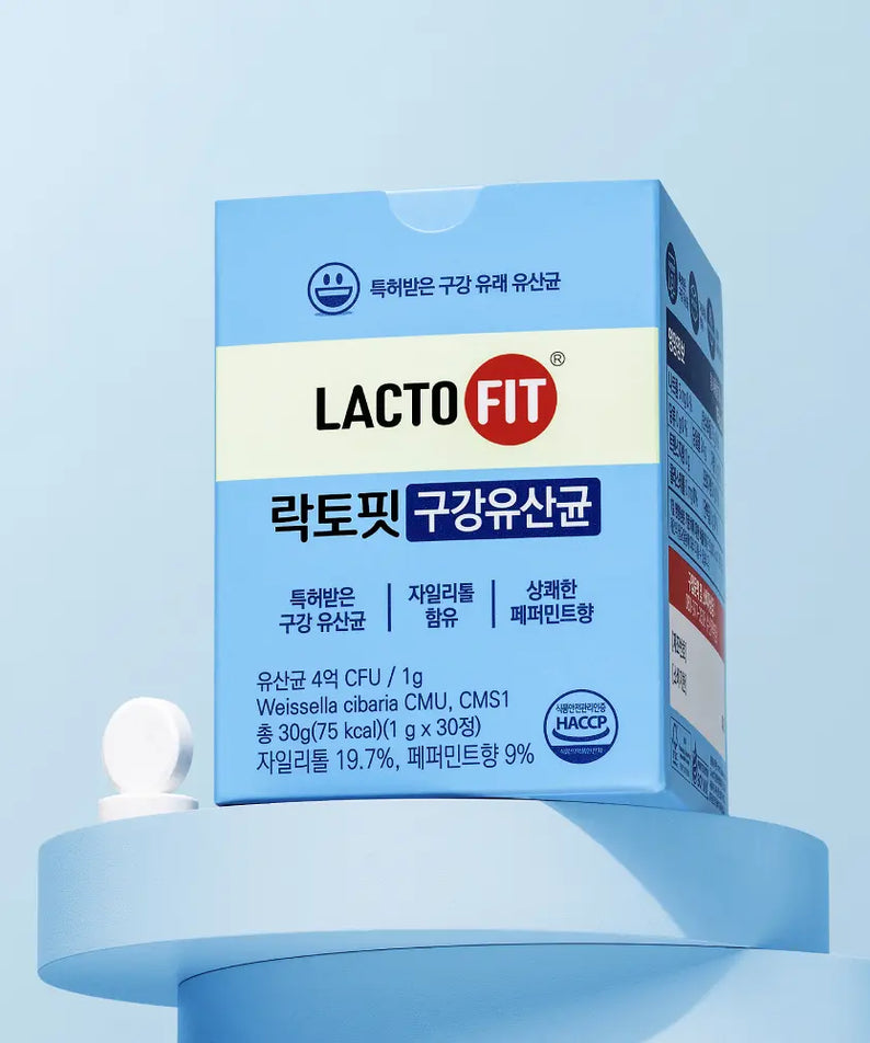 LACTO-FIT Oral Probiotics 30 Tablets (1 Month Supply) de la marque LACTO FIT sur fond bleu, boîte et comprimés