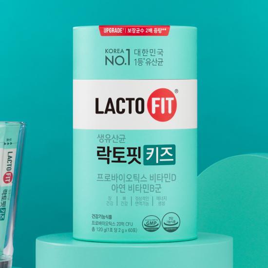 LACTO-FIT Probiotics for Kids 60 days supply : produit LACTO-FIT sur fond bleu turquoise, boîte en gros plan.