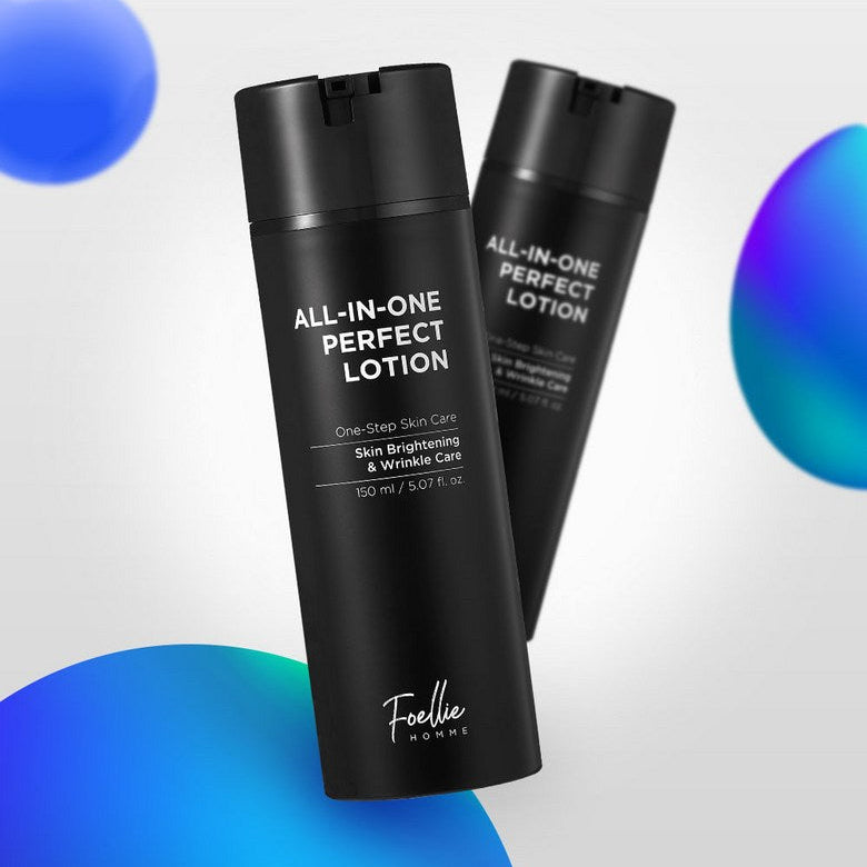 LACVERT Homme All-in-One Perfect Lotion 150ml, packaging noir sur fond clair avec formes bleues, vue produit marque LACVERT