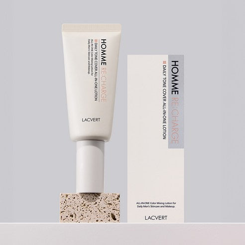 LACVERT Homme Rechaarge Daily Tone Cover All-in-One Lotion 50ml, tube crème sur fond clair, visuel produit.