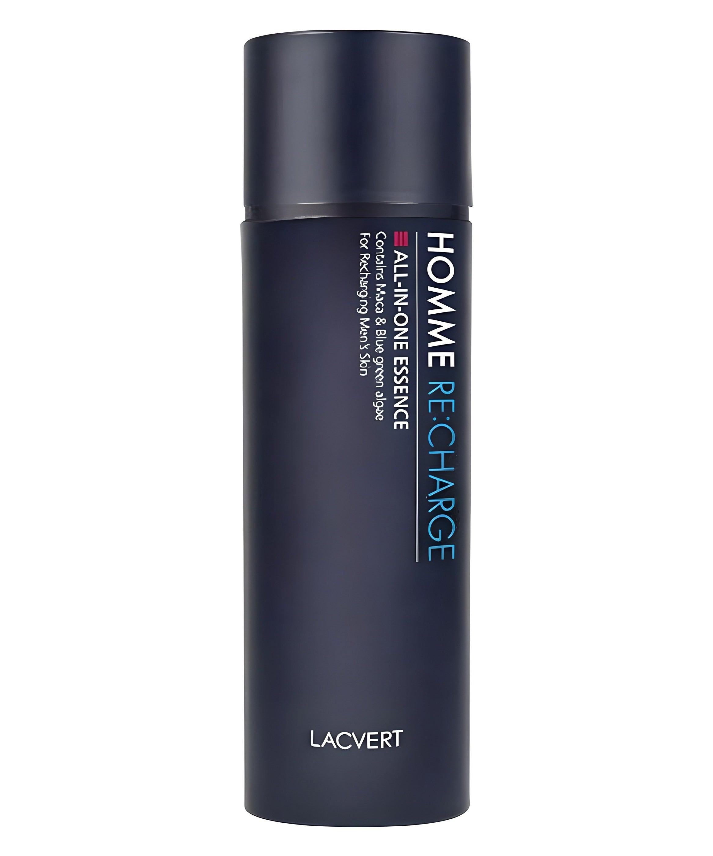 LACVERT  Homme Recharge All-in-One Essence 150ml, flacon noir sur fond blanc, présentation produit en studio.