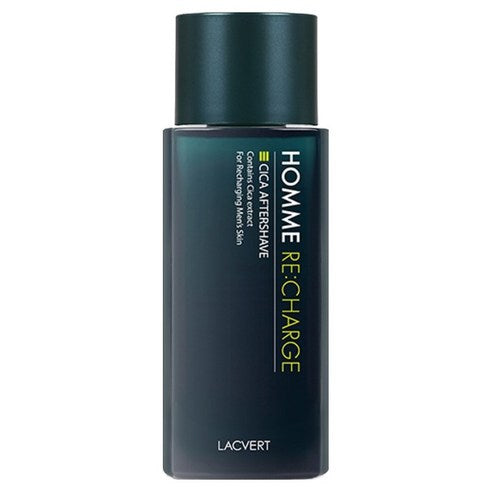LACVERT Homme Recharge Cica Afer Shave 185ml, flacon noir et vert sur fond clair, produit après-rasage pour homme