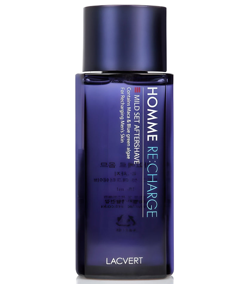 LACVERT  Homme Recharge Mild Set Aftershave 185ml, flacon bleu pour homme, en studio sur fond clair.