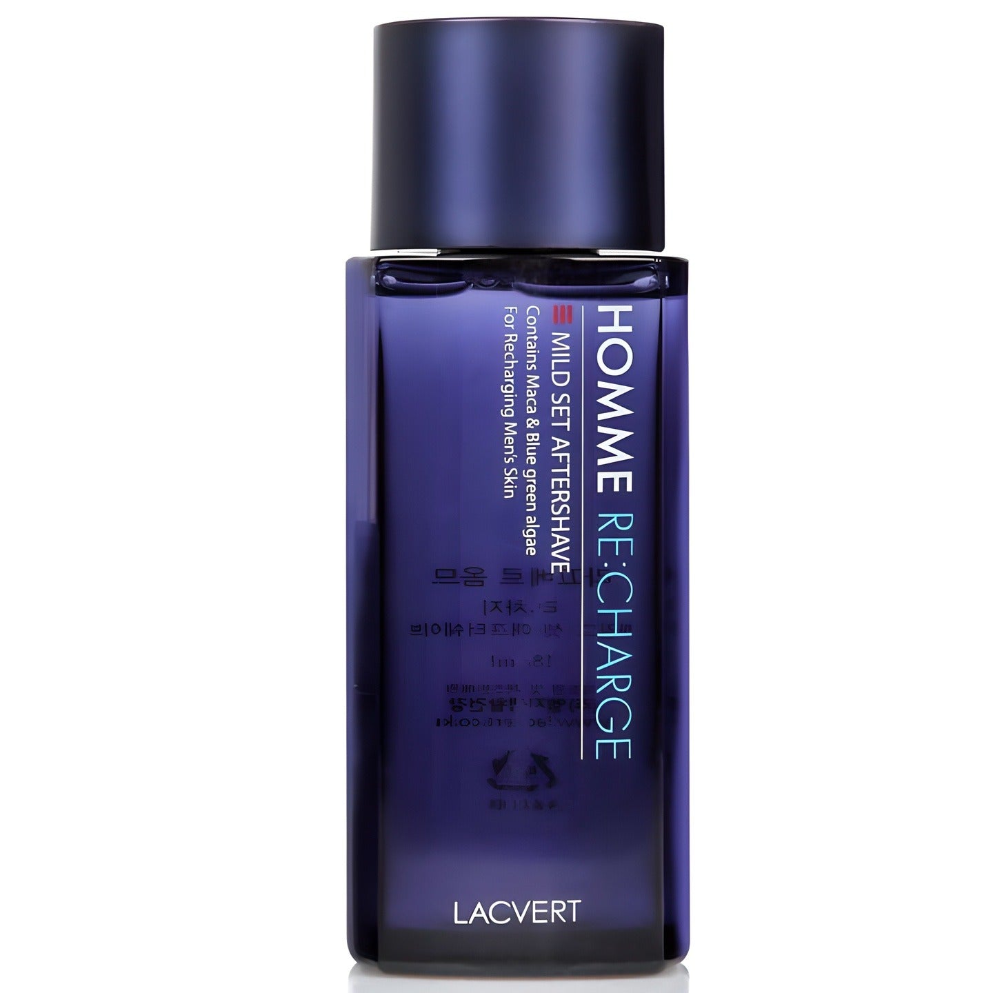 LACVERT  Homme Recharge Mild Set Aftershave 185ml, flacon bleu pour homme, en studio sur fond clair.
