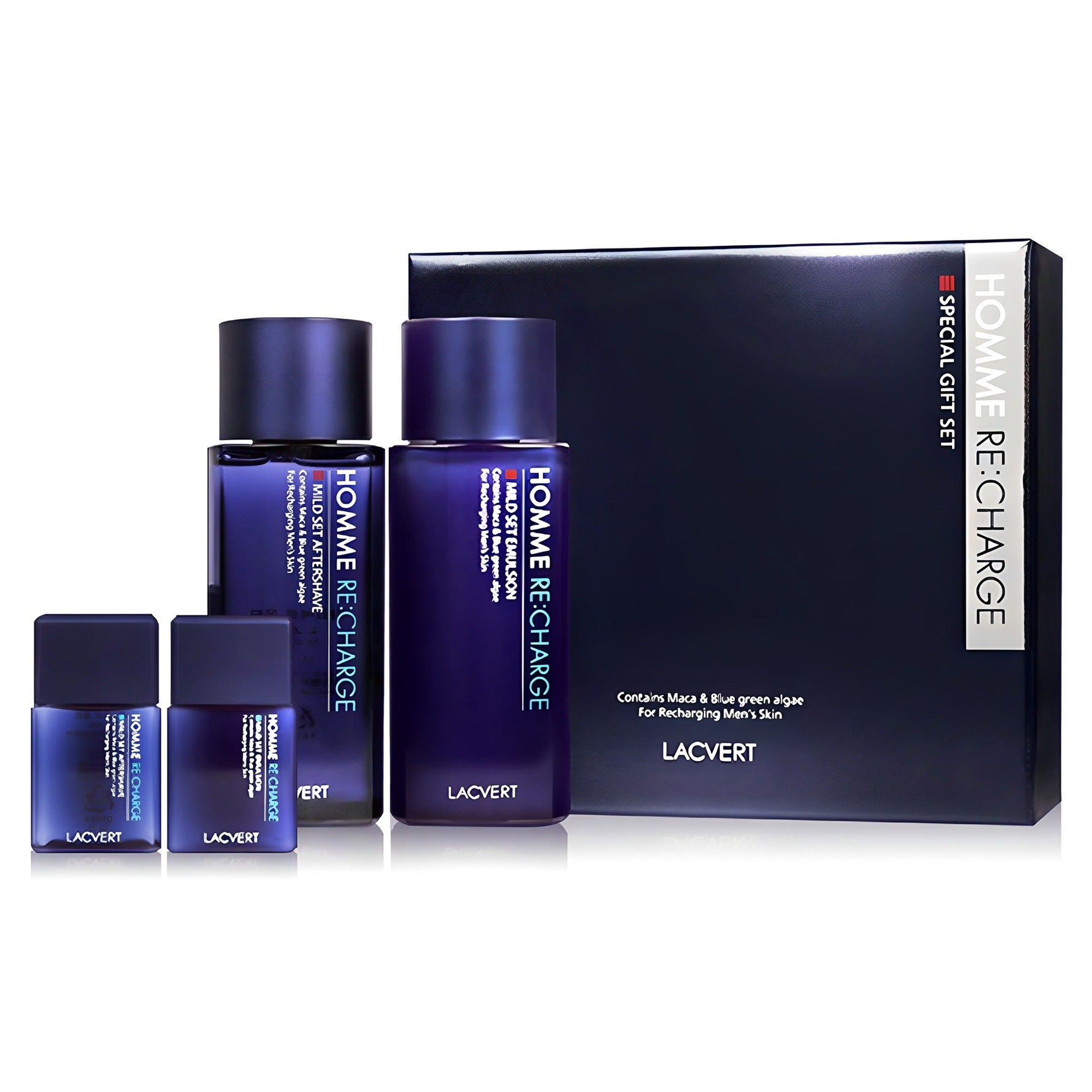 LACVERT  Men's Homme Rechage 2 Pieces Set : coffret et flacons cosmétiques bleus pour homme, fond blanc.