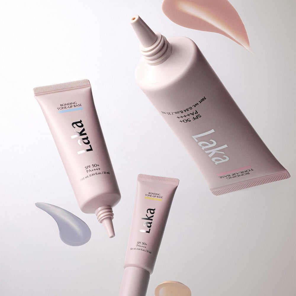LAKA Bonding Tone-Up Base 30ml, tubes LAKA sur fond clair, main maquillage avec mini produits, style skincare moderne.