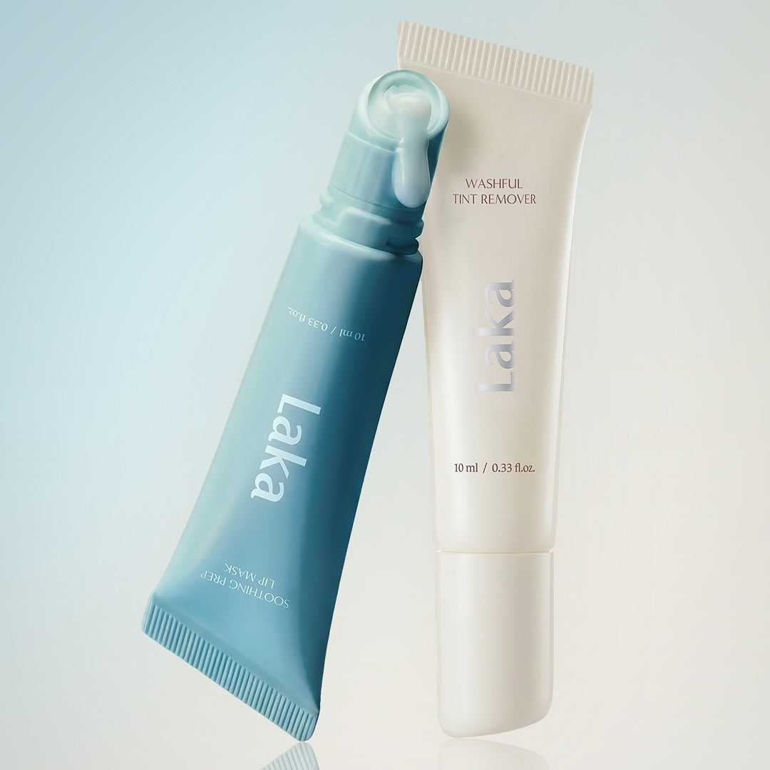 LAKA Soothing Prep Lip Mask 10ml sur fond clair, tube crème LAKA, produit de soin des lèvres en gros plan.