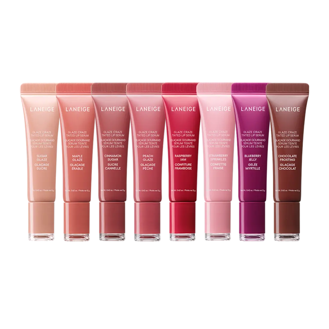LANEIGE Glaze Craze Tinted Lip Serum, gamme de tubes colorés sur fond blanc, présentation produit maquillage beauté.