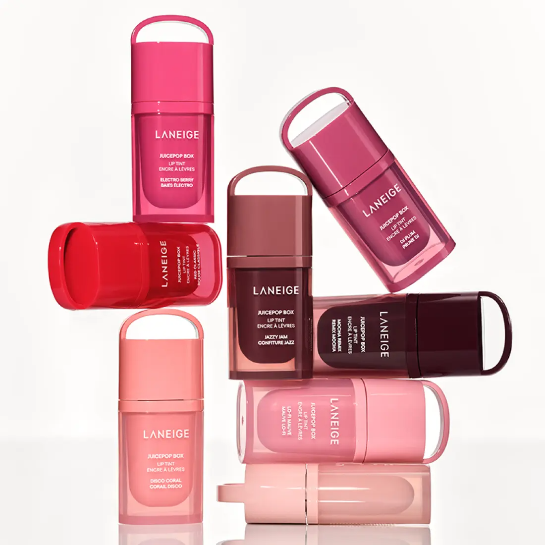 LANEIGE Juice Pop Box Lip Tint 4.5g : pack de baumes déployés, marques LANEIGE, fond clair, vue produit.