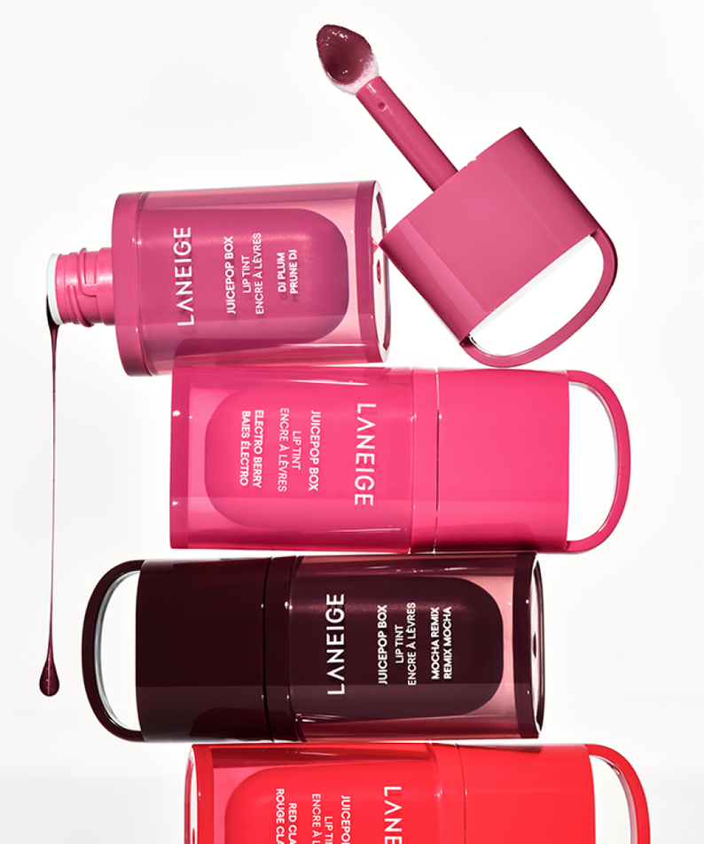 LANEIGE Juice Pop Box Lip Tint 4.5g, tubes rose/rouge, marque LANEIGE sur fond blanc, contexte maquillage