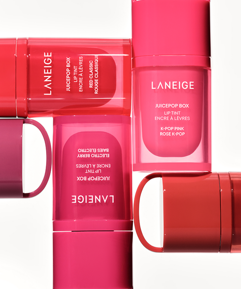 LANEIGE Juice Pop Box Lip Tint 4.5g sur packaging rouge, vue produit marque LANEIGE en gros plan.