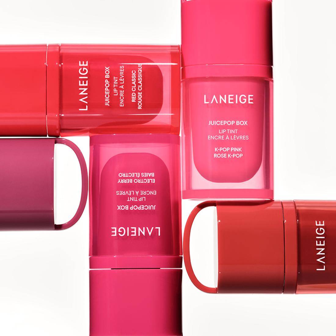 LANEIGE Juice Pop Box Lip Tint 4.5g sur packaging rouge, vue produit marque LANEIGE en gros plan.