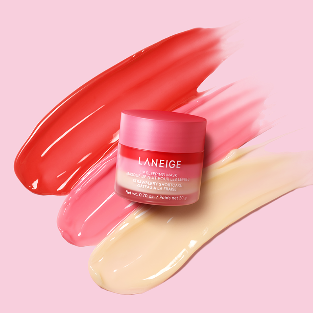 LANEIGE Lip Sleeping Mask EX Strawberry Shortcake 20g, pot et texture sur fond rose, visuel maquillage lèvres