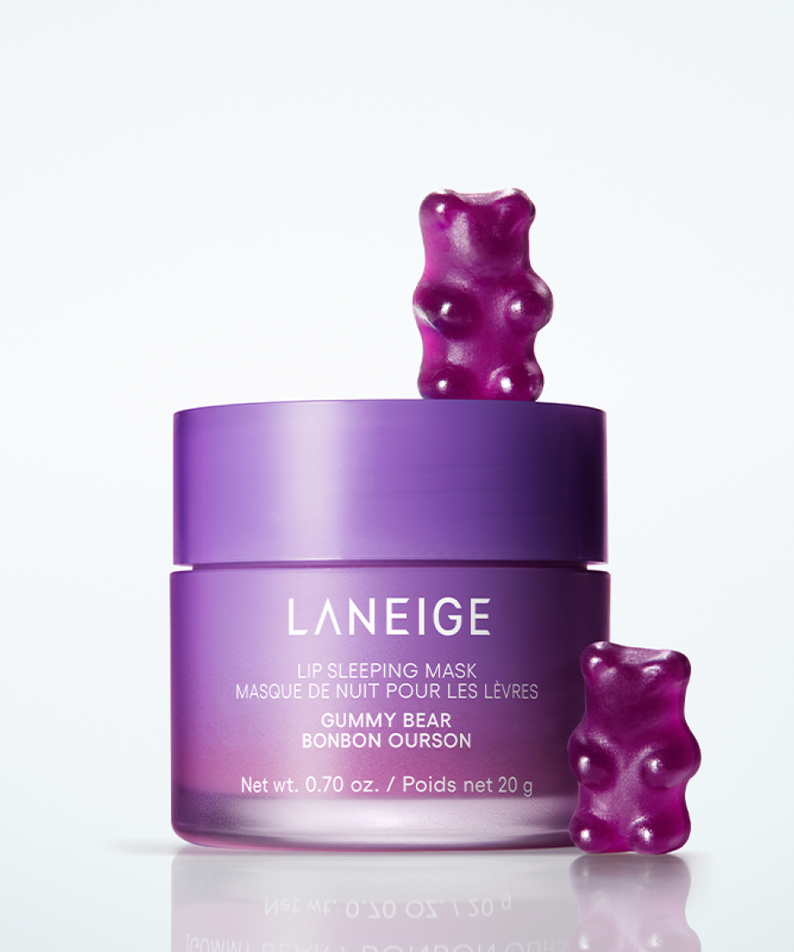 LANEIGE NEW Lip Sleeping Mask 20g, pot violet avec ours en gélatine, marque LANEIGE sur fond clair.